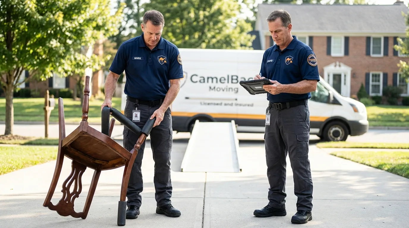 Movers inspecting furniture for damage prevention before loading in Madison, NJ