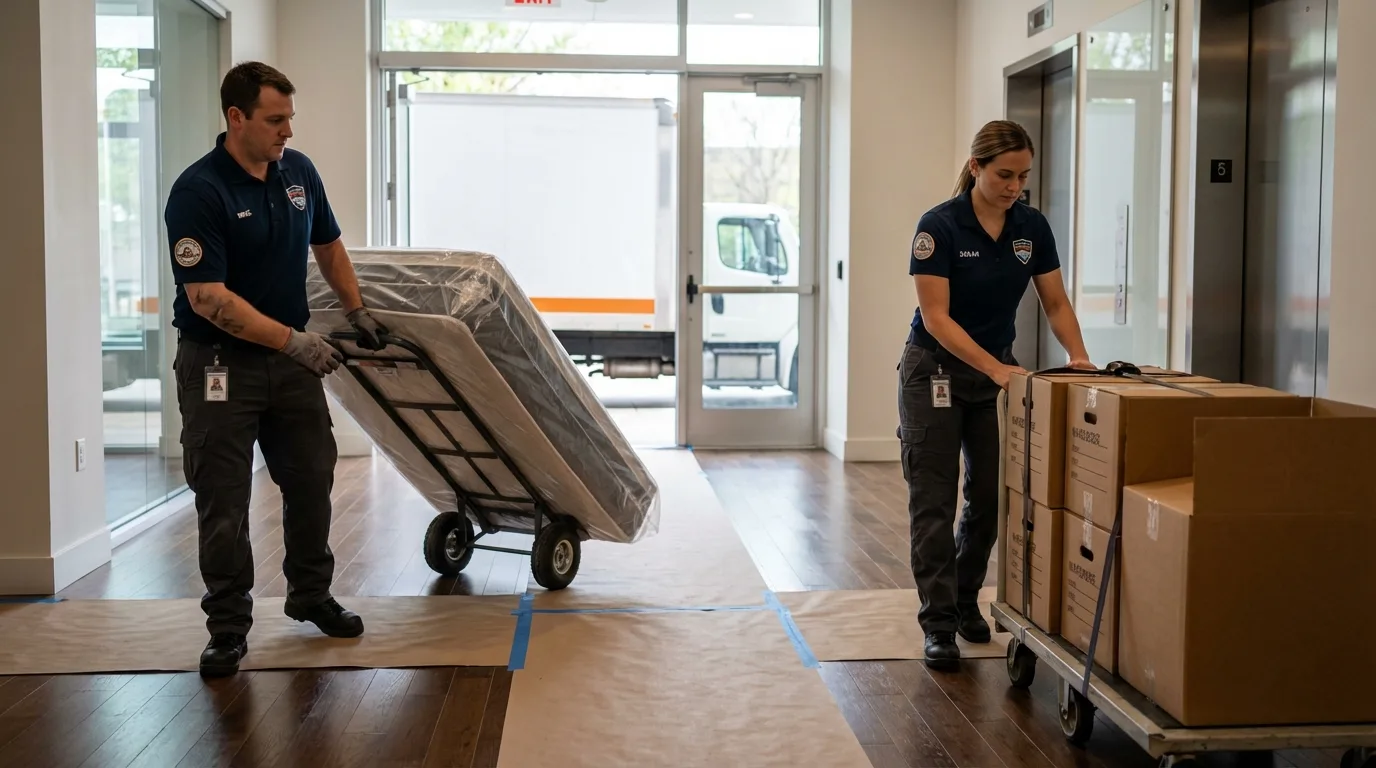 Professional apartment movers loading elevator in Madison, NJ