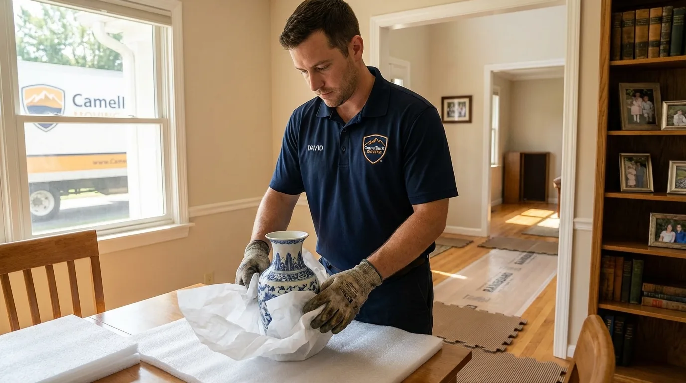 Professional crew carefully wrapping antique vase for senior downsizing move in Madison, NJ